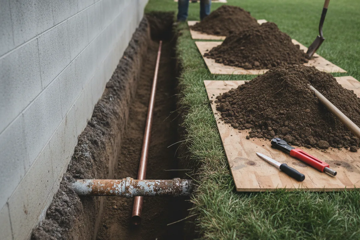 Excavated water line trench during Water Softener Installation in White Swan